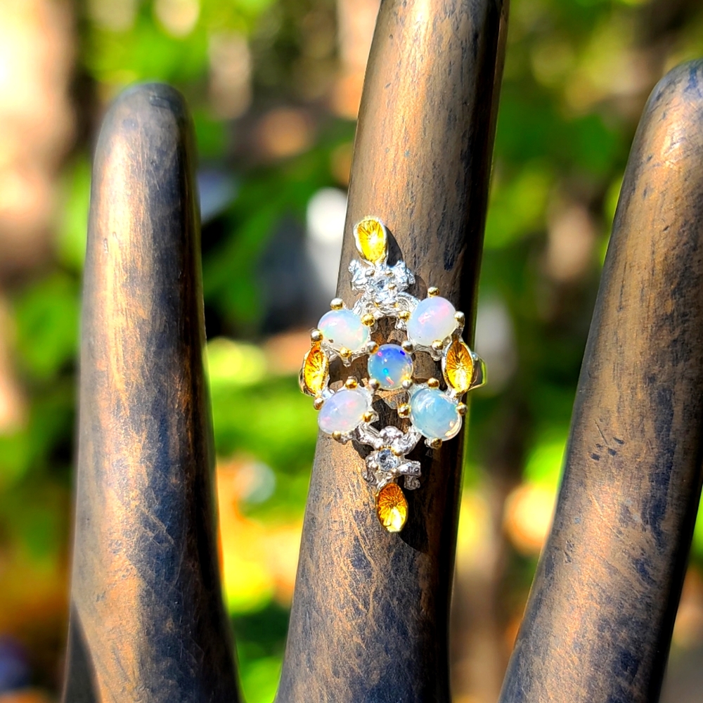 STUNNING 5 Opal 4k each & Topaz Sterling & Gold ring sz6.5 - Picture 1 of 6